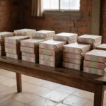 Pilhas de caixas de chocolate para doação na Páscoa a crianças vulneráveis em Brasília, Brasil.