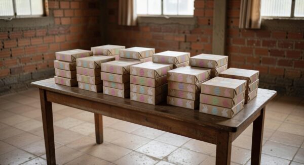 Pilhas de caixas de chocolate para doação na Páscoa a crianças vulneráveis em Brasília, Brasil.