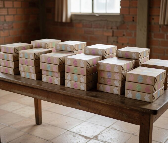 Pilhas de caixas de chocolate para doação na Páscoa a crianças vulneráveis em Brasília, Brasil.