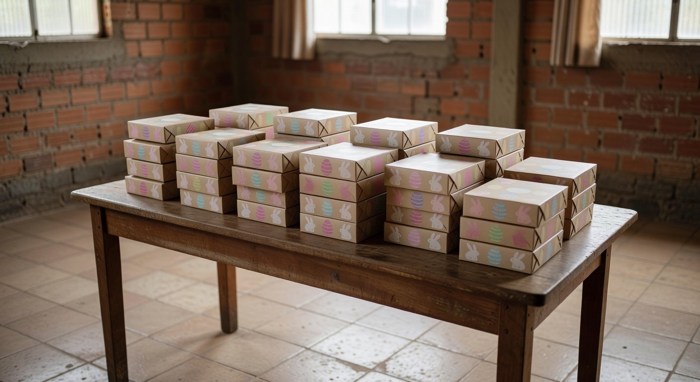 Pilhas de caixas de chocolate para doação na Páscoa a crianças vulneráveis em Brasília, Brasil.