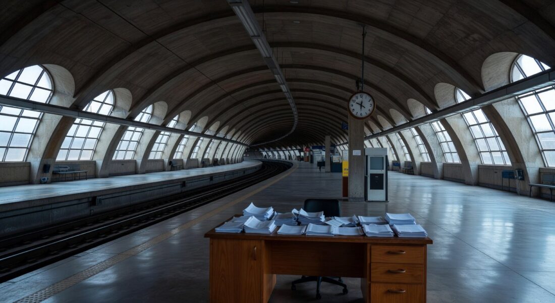 Estação de metrô em Brasília com plataformas vazias, representando falhas administrativas no Metrô-DF e problemas em licitações.