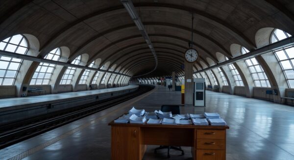Estação de metrô em Brasília com plataformas vazias, representando falhas administrativas no Metrô-DF e problemas em licitações.