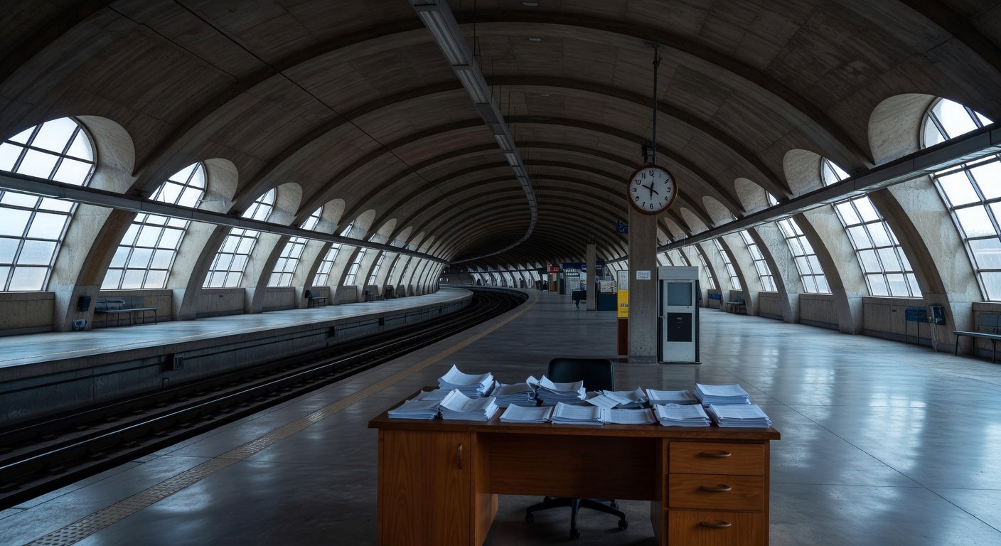 Estação de metrô em Brasília com plataformas vazias, representando falhas administrativas no Metrô-DF e problemas em licitações.