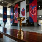 Troféu dourado em auditório brasileiro simbolizando prêmio para pesquisa sobre desconfiança na doação de órgãos.