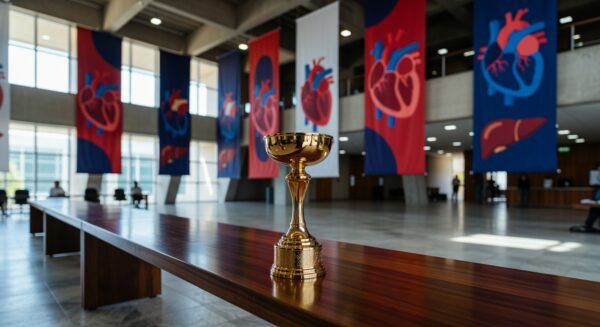Troféu dourado em auditório brasileiro simbolizando prêmio para pesquisa sobre desconfiança na doação de órgãos.