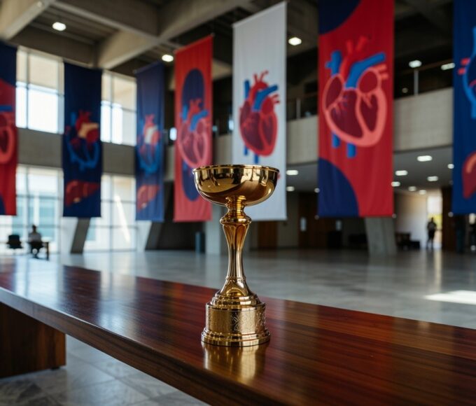 Troféu dourado em auditório brasileiro simbolizando prêmio para pesquisa sobre desconfiança na doação de órgãos.