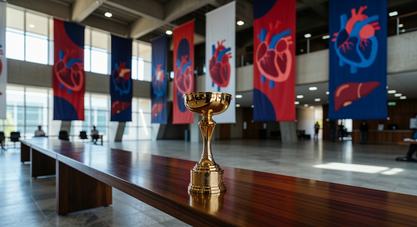 Troféu dourado em auditório brasileiro simbolizando prêmio para pesquisa sobre desconfiança na doação de órgãos.