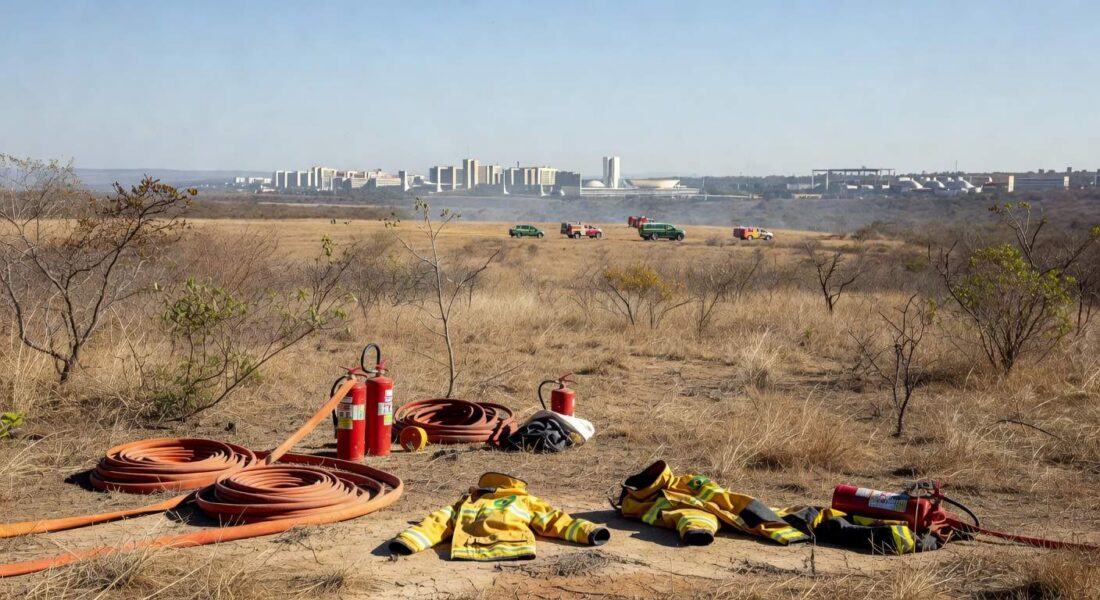 Brigadistas florestais em treinamento no Parque Nacional de Brasília, com vegetação de cerrado ao fundo.