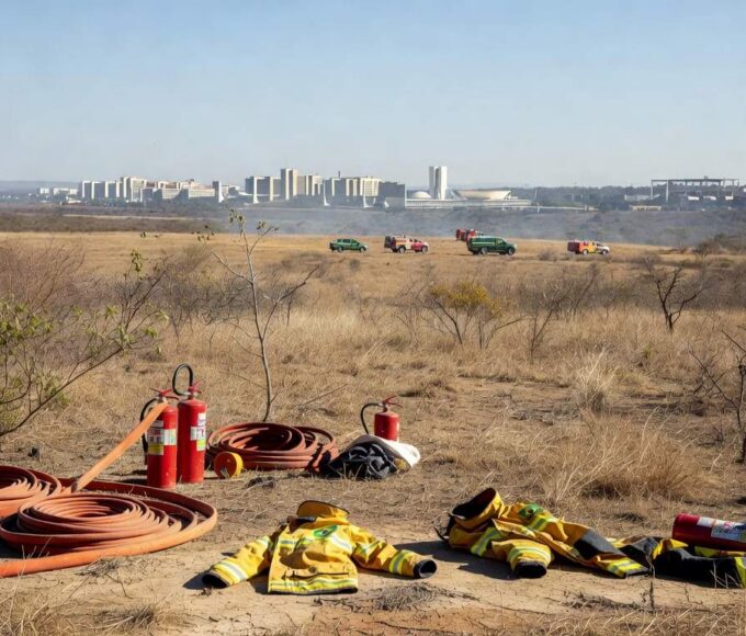 Brigadistas florestais em treinamento no Parque Nacional de Brasília, com vegetação de cerrado ao fundo.
