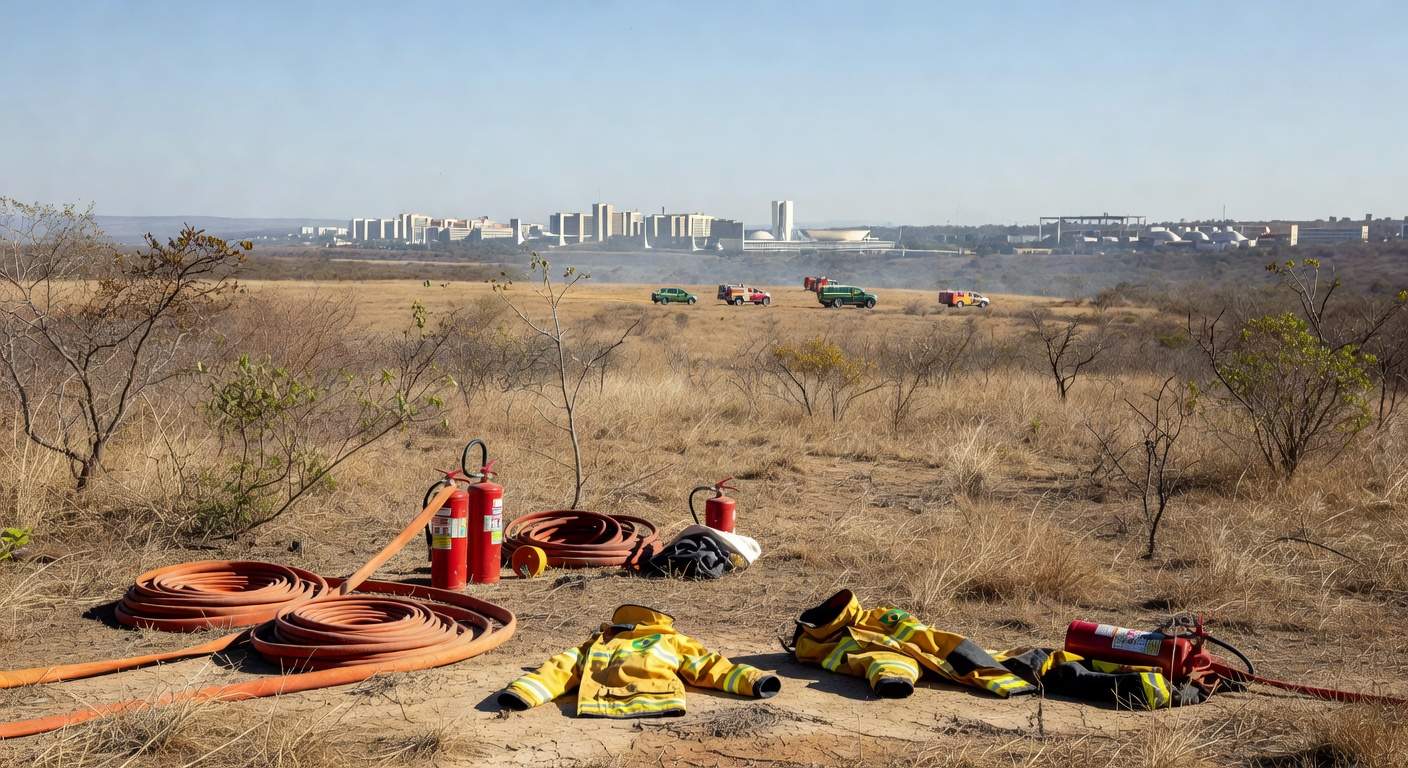 Brigadistas florestais em treinamento no Parque Nacional de Brasília, com vegetação de cerrado ao fundo.