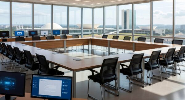 Sala de treinamento híbrido no TJDFT para Plataforma Socioeducativa do CNJ em Brasília.