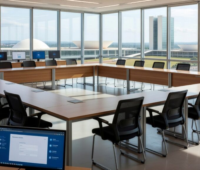 Sala de treinamento híbrido no TJDFT para Plataforma Socioeducativa do CNJ em Brasília.