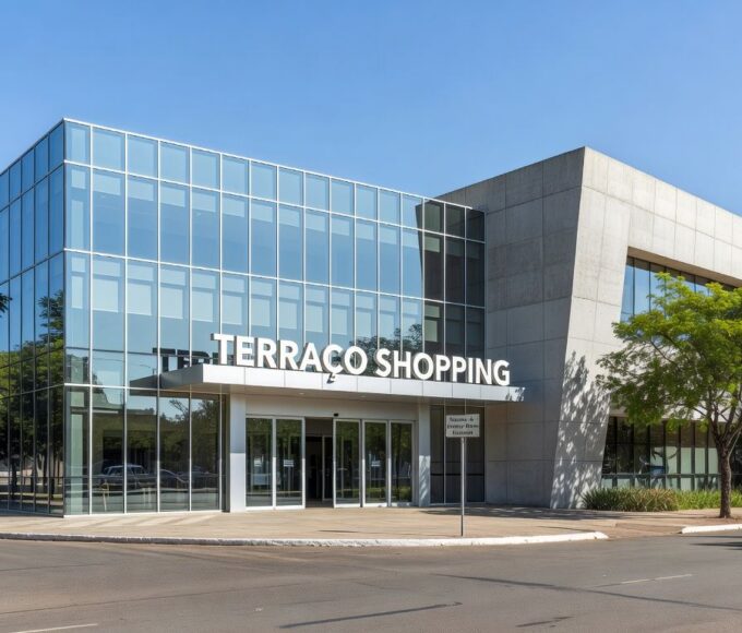 Fachada iluminada do Terraço Shopping em Brasília à noite, representando o Projeto Na Sua Hora com serviços públicos noturnos.