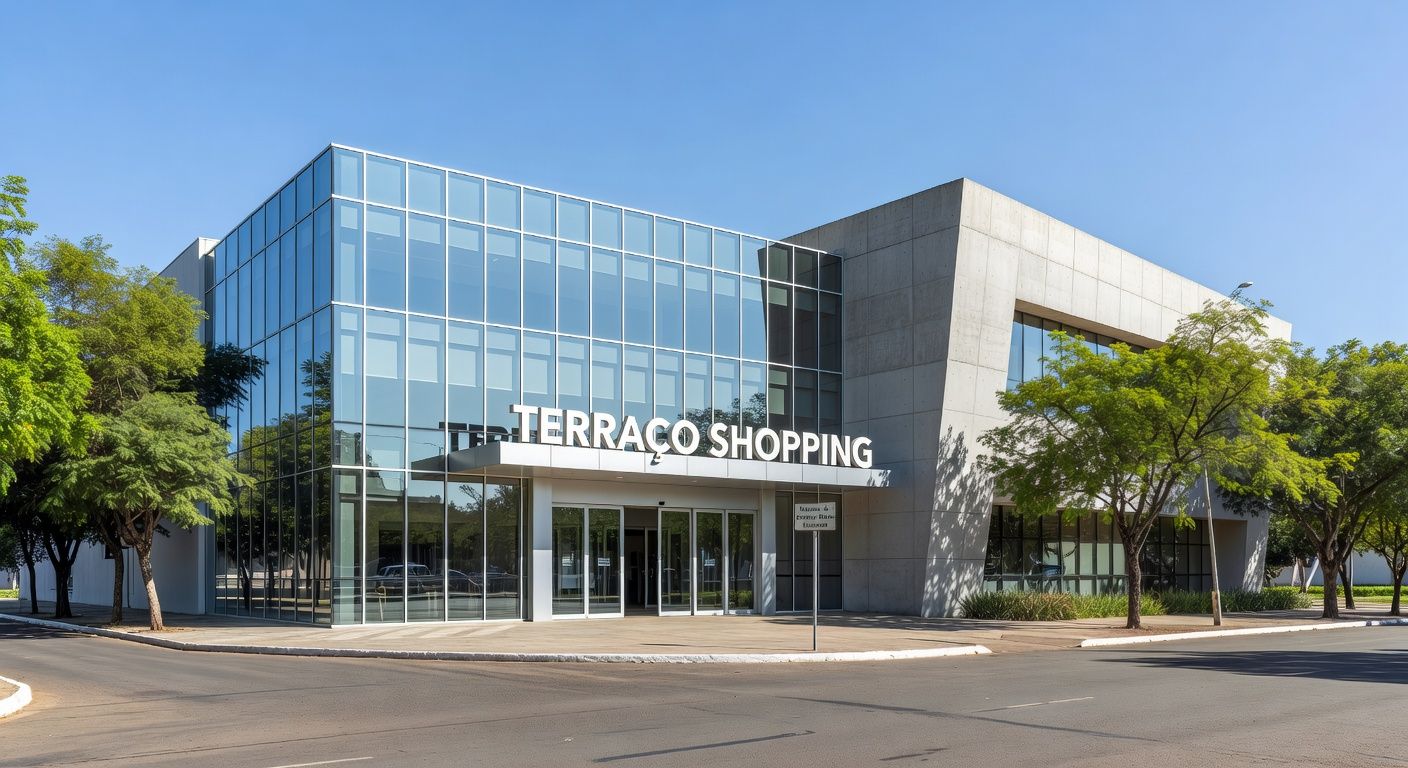 Fachada iluminada do Terraço Shopping em Brasília à noite, representando o Projeto Na Sua Hora com serviços públicos noturnos.