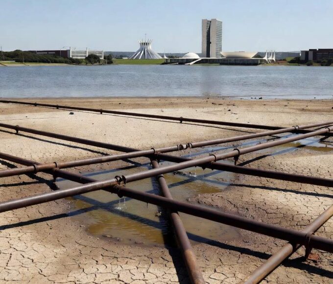 Estação de tratamento de esgoto deteriorada em Brasília, simbolizando críticas à lentidão da Caesb no saneamento do DF.