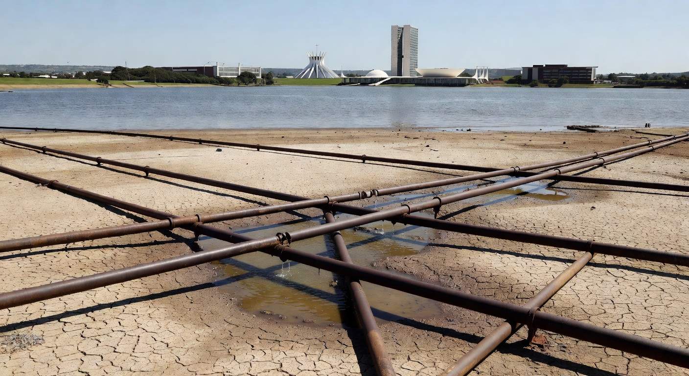 Estação de tratamento de esgoto deteriorada em Brasília, simbolizando críticas à lentidão da Caesb no saneamento do DF.