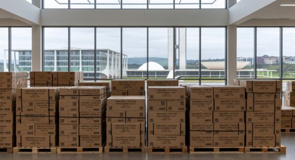 Caixas de vacinas contra Covid-19 chegando ao Distrito Federal, com skyline de Brasília ao fundo.