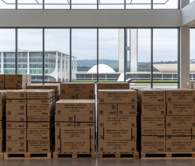 Caixas de vacinas contra Covid-19 chegando ao Distrito Federal, com skyline de Brasília ao fundo.