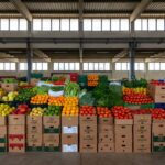 Pilhas de caixas com frutas e vegetais frescos doados pela Ceasa-DF a entidades vulneráveis em Brasília.