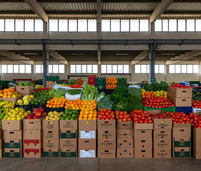 Pilhas de caixas com frutas e vegetais frescos doados pela Ceasa-DF a entidades vulneráveis em Brasília.