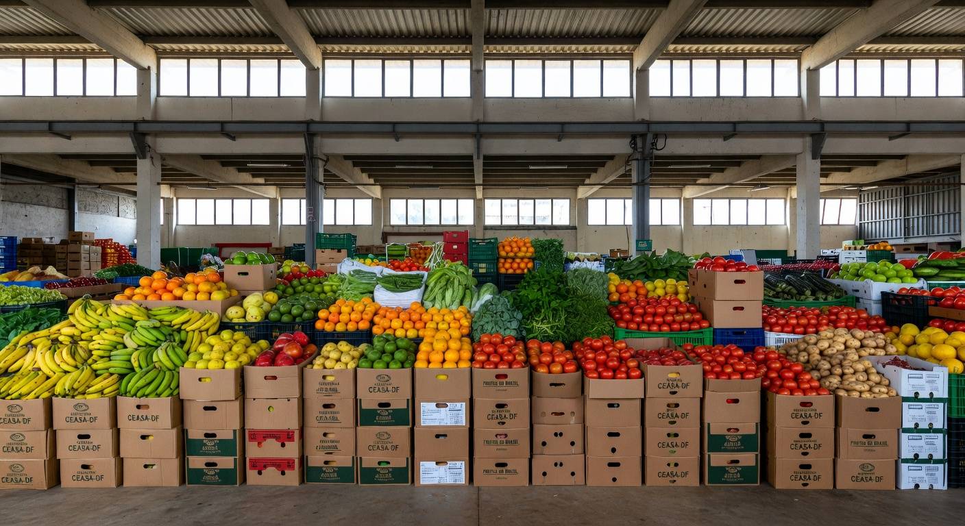 Pilhas de caixas com frutas e vegetais frescos doados pela Ceasa-DF a entidades vulneráveis em Brasília.