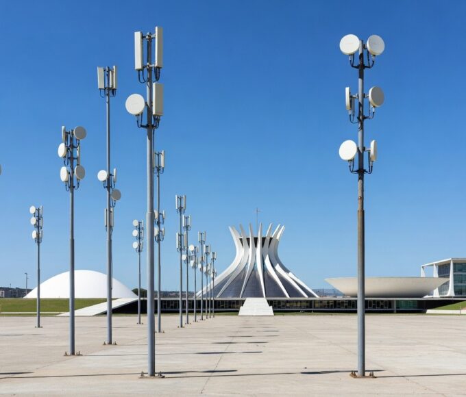 Praça em Brasília com antenas de Wi-Fi Social DF, representando mais de 150 milhões de acessos e planos de expansão em 2026.