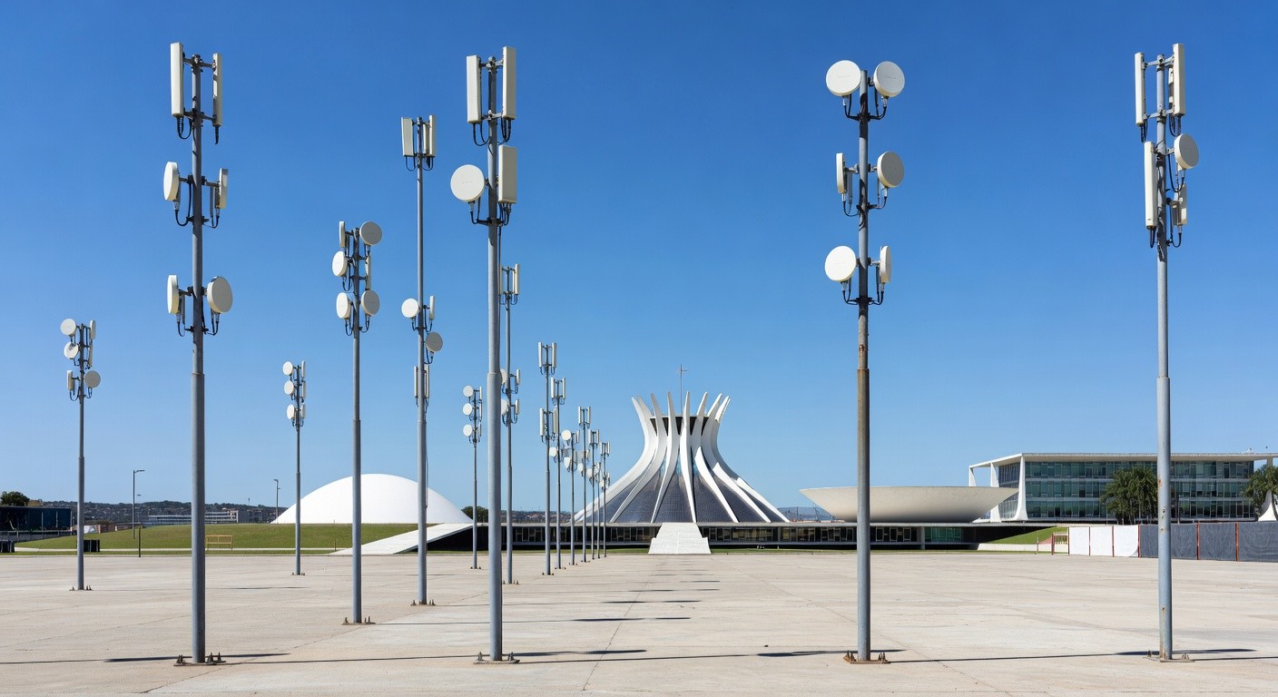 Praça em Brasília com antenas de Wi-Fi Social DF, representando mais de 150 milhões de acessos e planos de expansão em 2026.