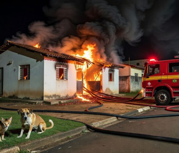 Incêndio controlado em residência na Candangolândia, com viaturas de bombeiros e animais resgatados em Brasília.