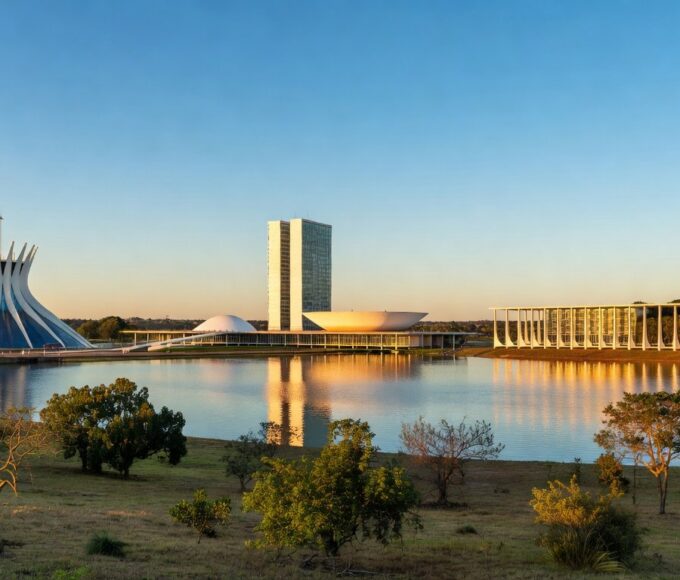 Vista panorâmica de Brasília com arquitetura moderna, representando hackathon HackaCity Guará para soluções urbanas inovadoras.