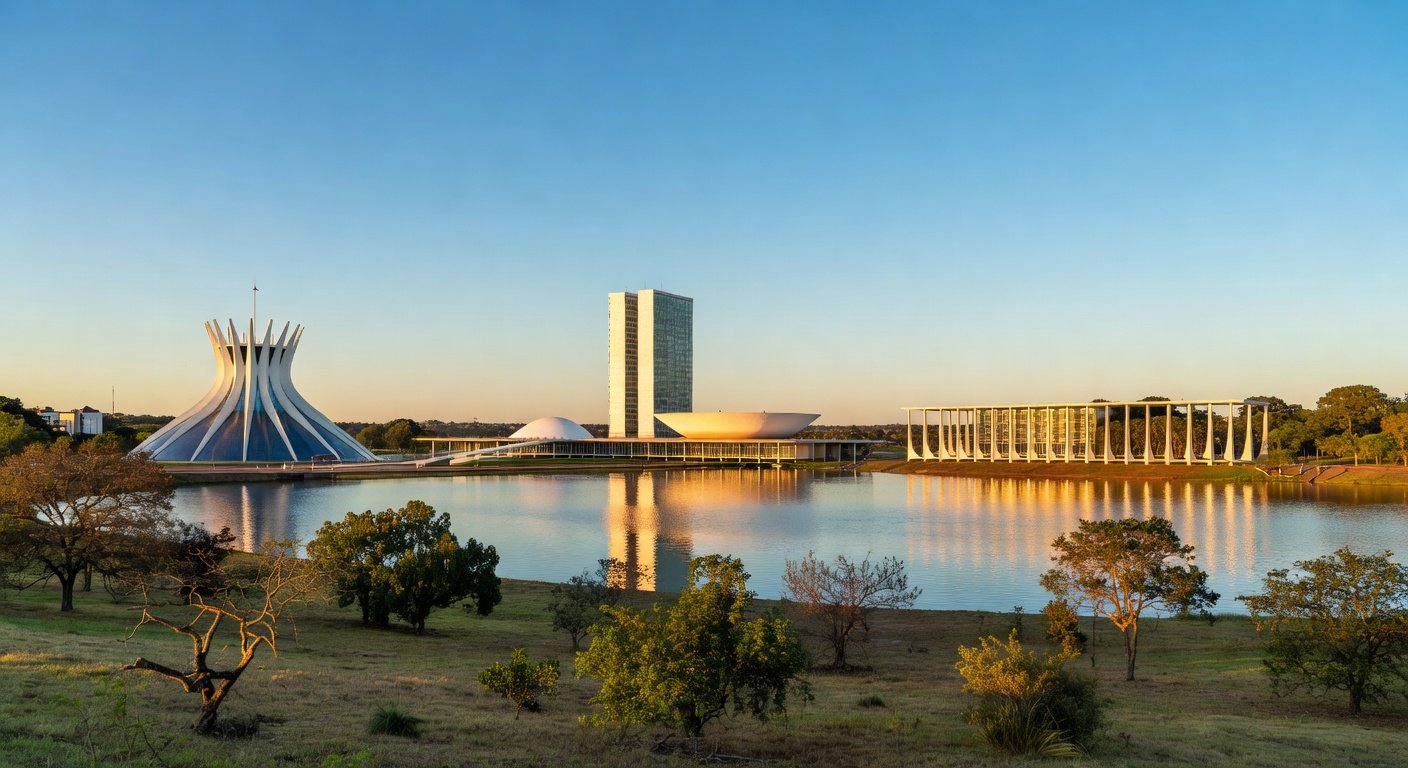 Vista panorâmica de Brasília com arquitetura moderna, representando hackathon HackaCity Guará para soluções urbanas inovadoras.