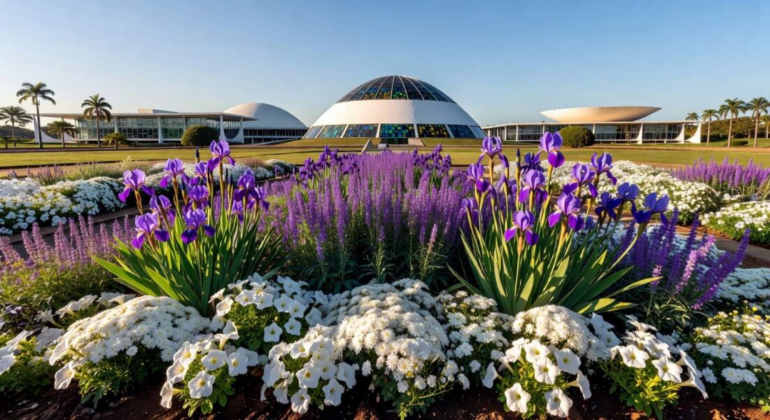 Jardim florido em Brasília simbolizando o Programa Viva Flor, que zerou feminicídios entre 1.810 mulheres atendidas no DF.