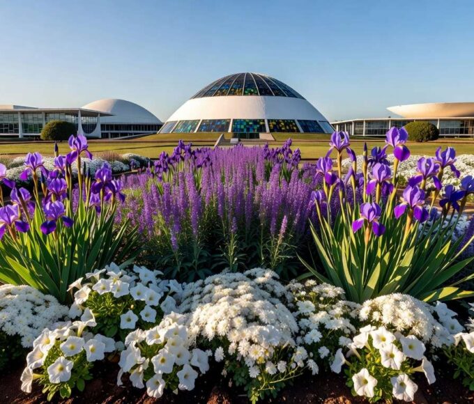 Jardim florido em Brasília simbolizando o Programa Viva Flor, que zerou feminicídios entre 1.810 mulheres atendidas no DF.