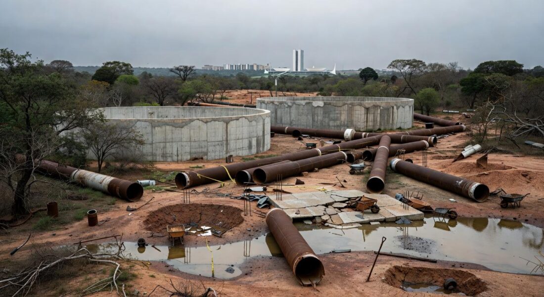 Reservatório de água escasso no DF com obras de ampliação em Brasília, destacando persistente escassez hídrica.