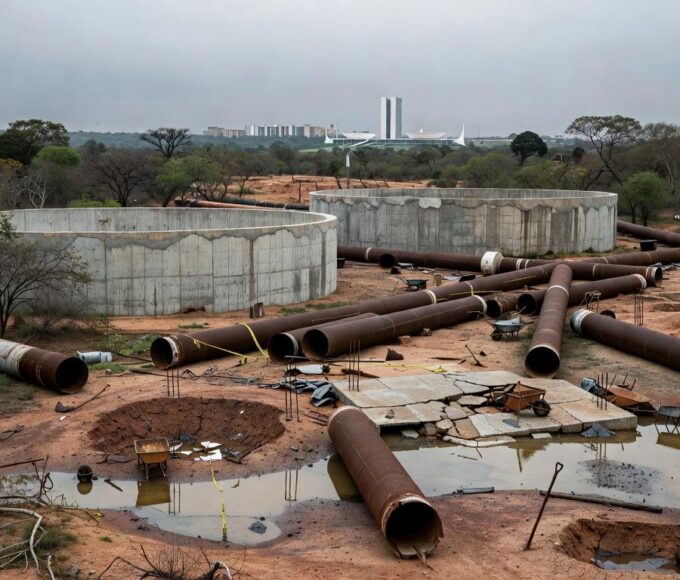 Reservatório de água escasso no DF com obras de ampliação em Brasília, destacando persistente escassez hídrica.