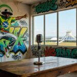 Microfone em estúdio de rap comunitário em Brasília, representando projeto Turma do Flow para jovens MCs vulneráveis.