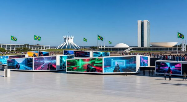 Vista ampla do evento TecnoGame 2026 em Brasília, com stands de tecnologia e games em centro de convenções moderno.