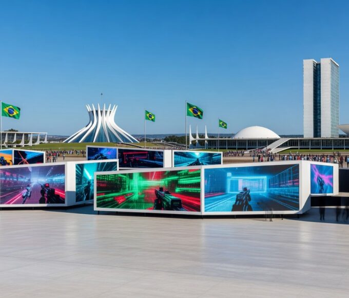 Vista ampla do evento TecnoGame 2026 em Brasília, com stands de tecnologia e games em centro de convenções moderno.