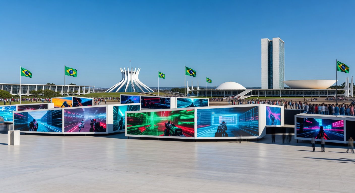 Vista ampla do evento TecnoGame 2026 em Brasília, com stands de tecnologia e games em centro de convenções moderno.