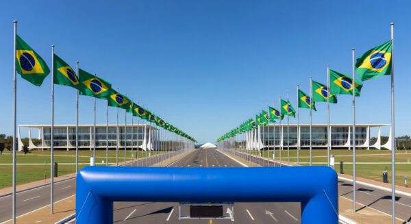 Vista da Esplanada dos Ministérios em Brasília com elementos de maratona celebrando 66 anos da capital.