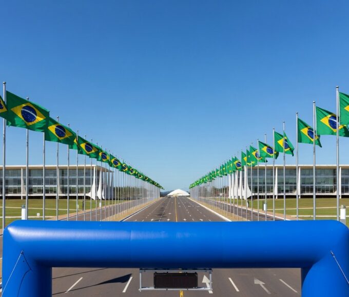 Vista da Esplanada dos Ministérios em Brasília com elementos de maratona celebrando 66 anos da capital.