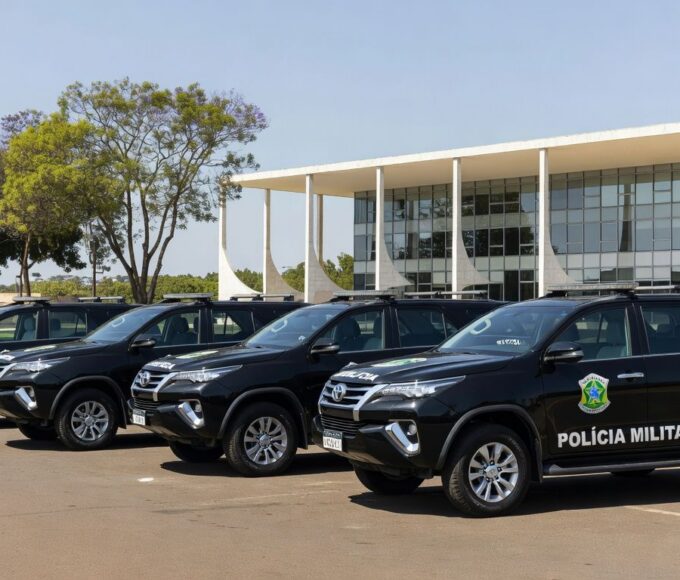 Mesa oficial com decreto de promoção de policiais militares no Palácio do Buriti, Brasília, com viaturas da PMDF ao fundo.