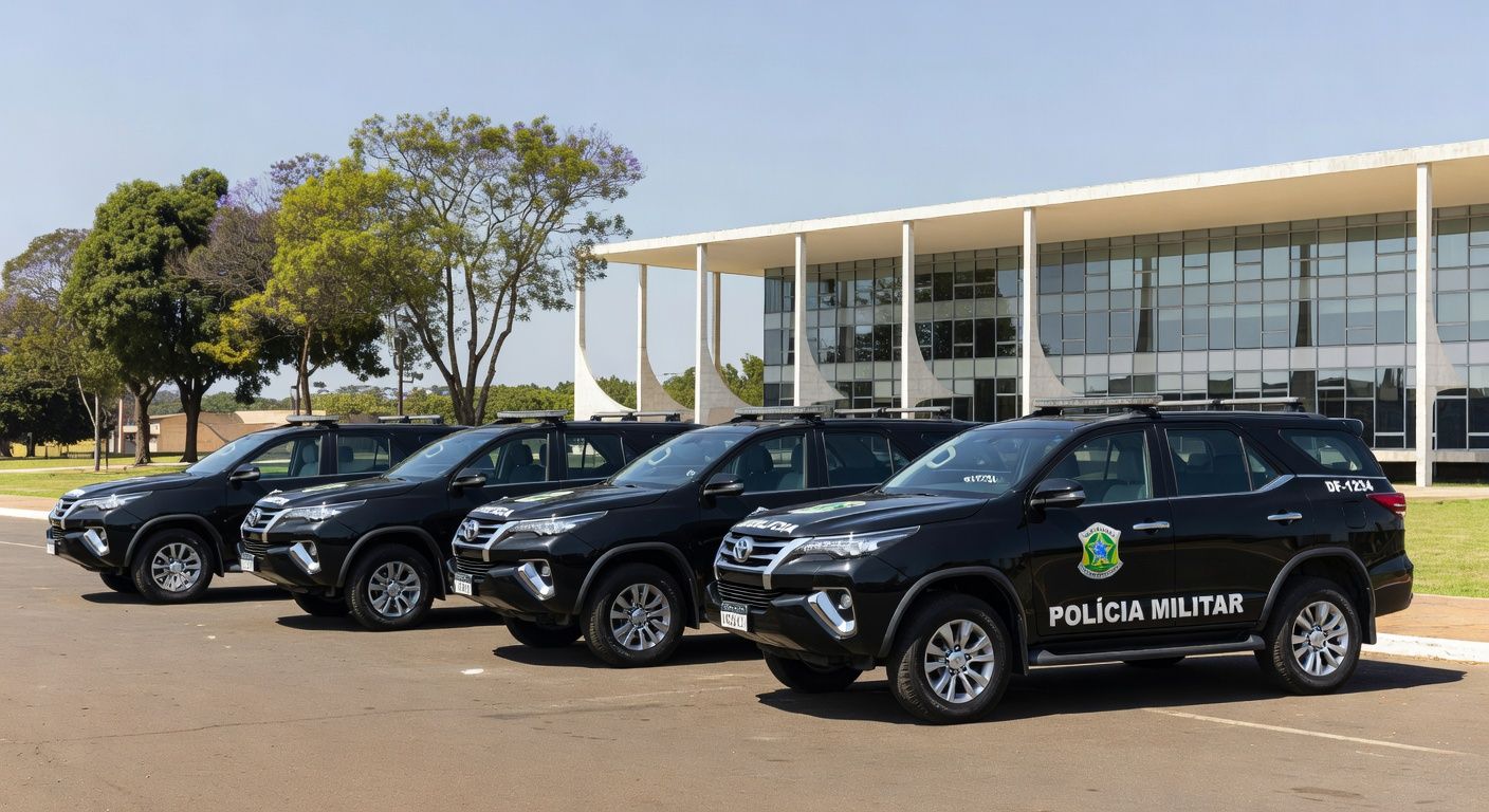 Mesa oficial com decreto de promoção de policiais militares no Palácio do Buriti, Brasília, com viaturas da PMDF ao fundo.