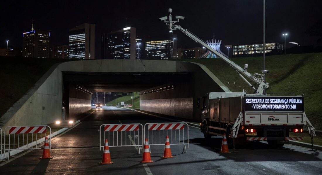 Interdição noturna no Buraco do Tatu em Brasília para manutenção de câmeras de segurança.