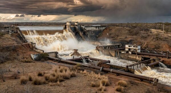 Barragem de Santa Maria transbordando no DF, expondo riscos de inundações em áreas urbanas.