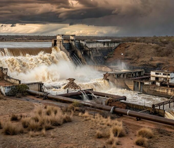 Barragem de Santa Maria transbordando no DF, expondo riscos de inundações em áreas urbanas.