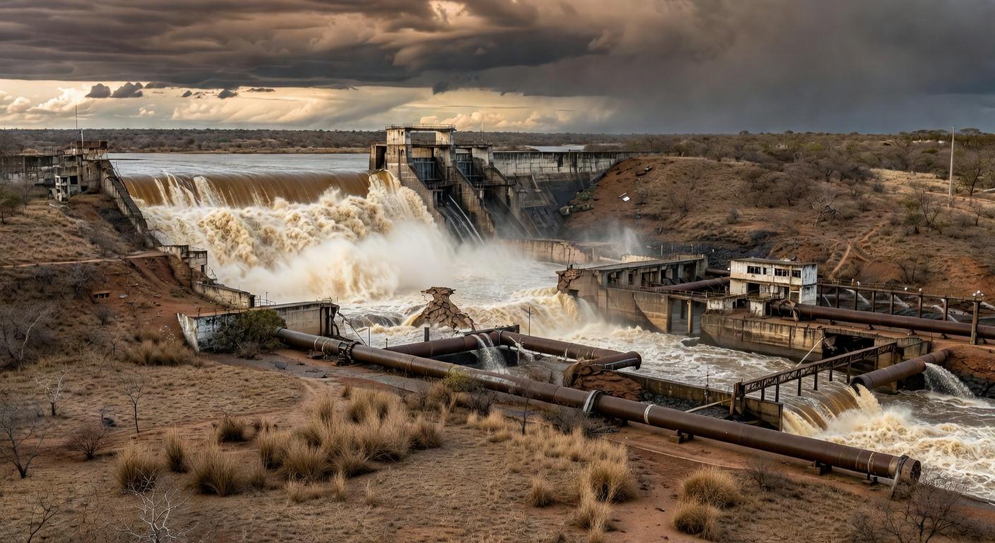 Barragem de Santa Maria transbordando no DF, expondo riscos de inundações em áreas urbanas.