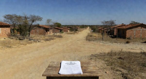 Documentos de regularização fundiária em Planaltina, DF, com casas e terrenos ao fundo.
