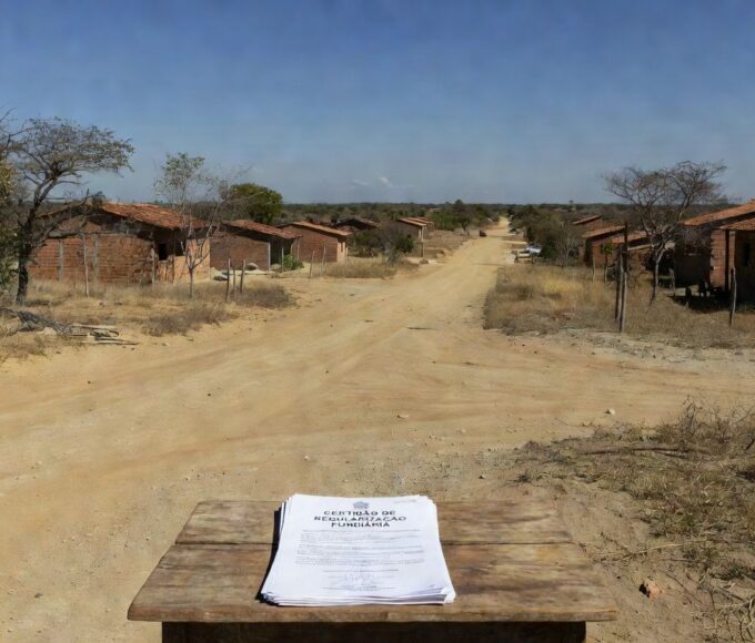 Documentos de regularização fundiária em Planaltina, DF, com casas e terrenos ao fundo.