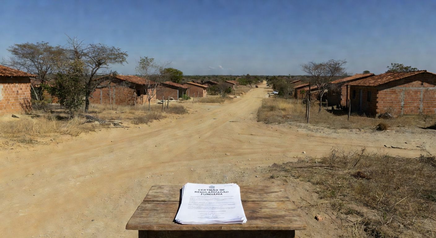 Documentos de regularização fundiária em Planaltina, DF, com casas e terrenos ao fundo.