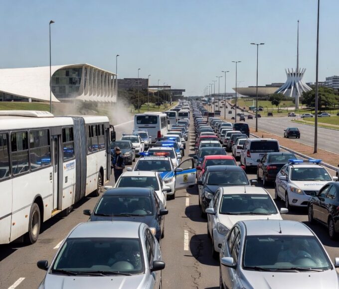 Trânsito congestionado com ônibus e viaturas policiais em avenida de Brasília, ilustrando falhas no transporte e segurança no DF.